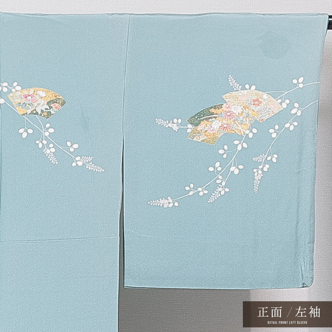 訪問着 袷 身丈155cm 裄丈66cm 正絹 Bランク Mサイズ 広衿 セミフォーマル 扇 流水 菊 水色系 1212-15654