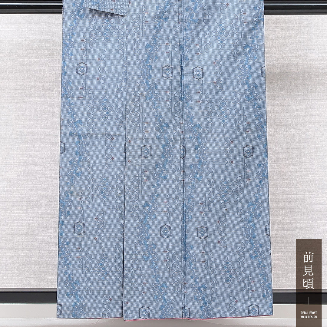 大島紬 袷 身丈157cm 裄丈62cm 正絹 Bランク インフォーマル 広衿 Mサイズ 花柄 水色系 RP 1223-15031
