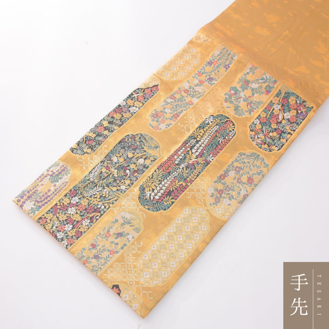 袋帯 帯丈428cm 正絹 六通 フォーマル 色紙重ね 花鳥文 金系 1243-02276