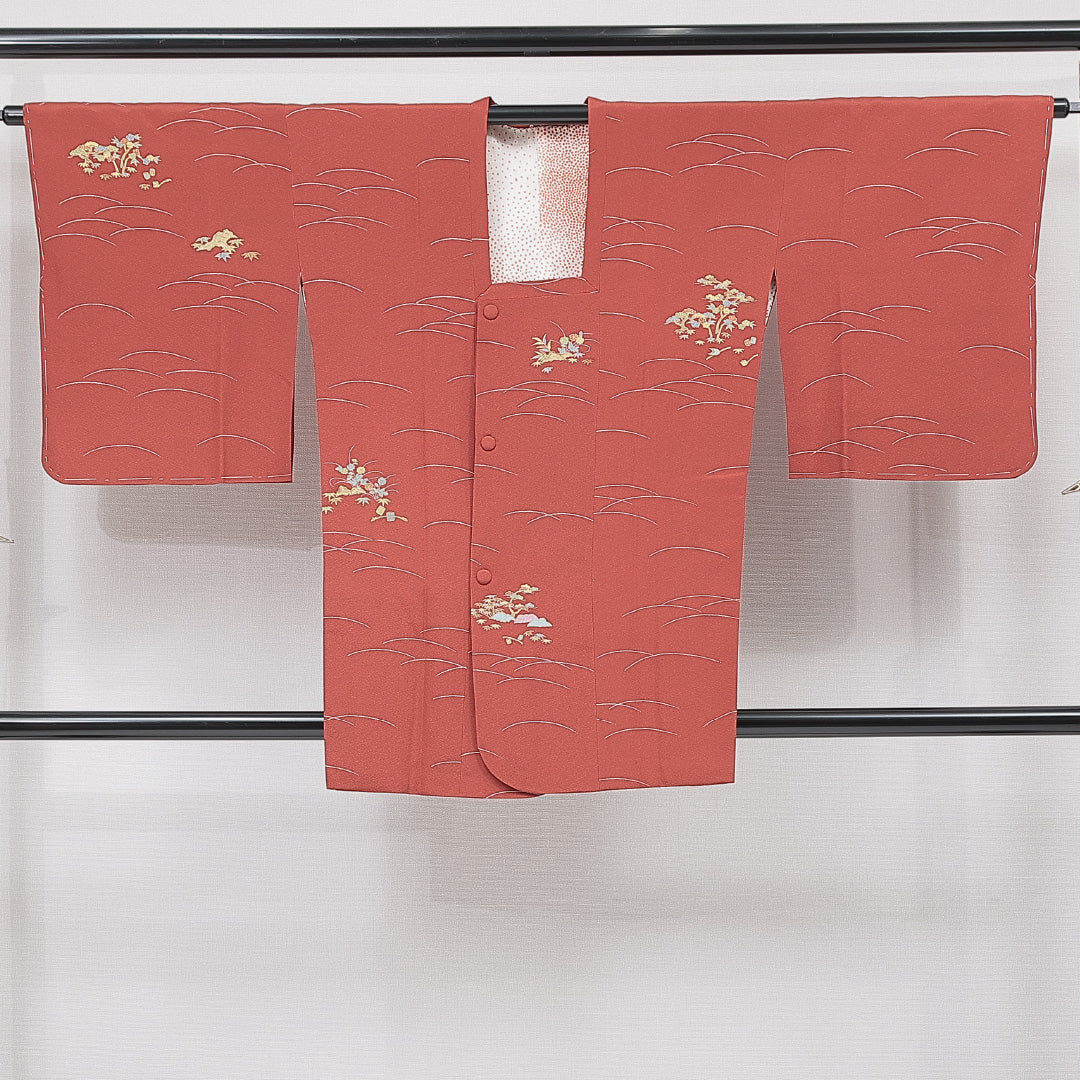 道行コート 袷 身丈87cm 裄丈65cm 正絹 Sランク Mサイズ フォーマル ポケットあり 松 赤系 朱系 1263-15129