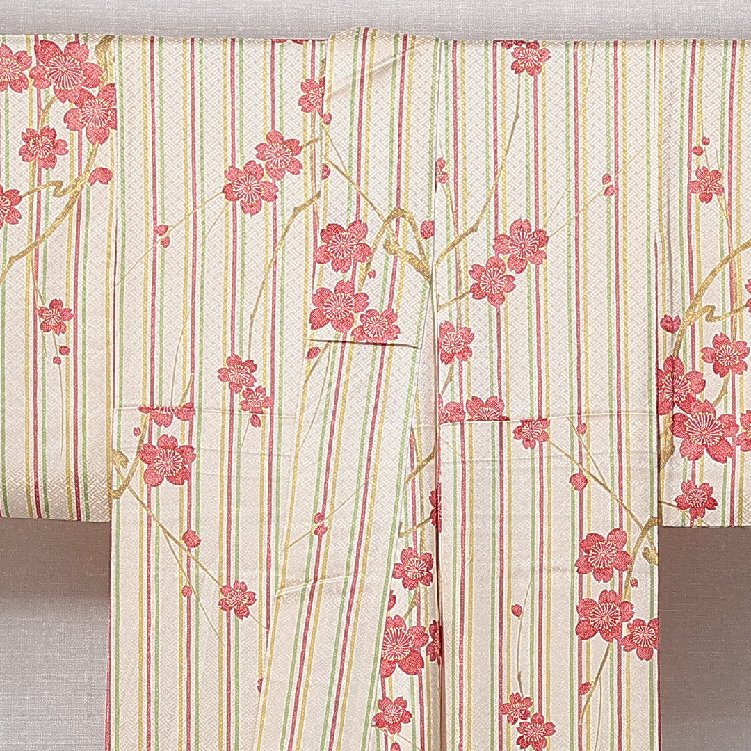 小紋 袷 身丈155cm 裄丈62cm レーヨン Cランク インフォーマル 広衿 Mサイズ 証紙 縞 桜 クリーム系 LP 1221-15009