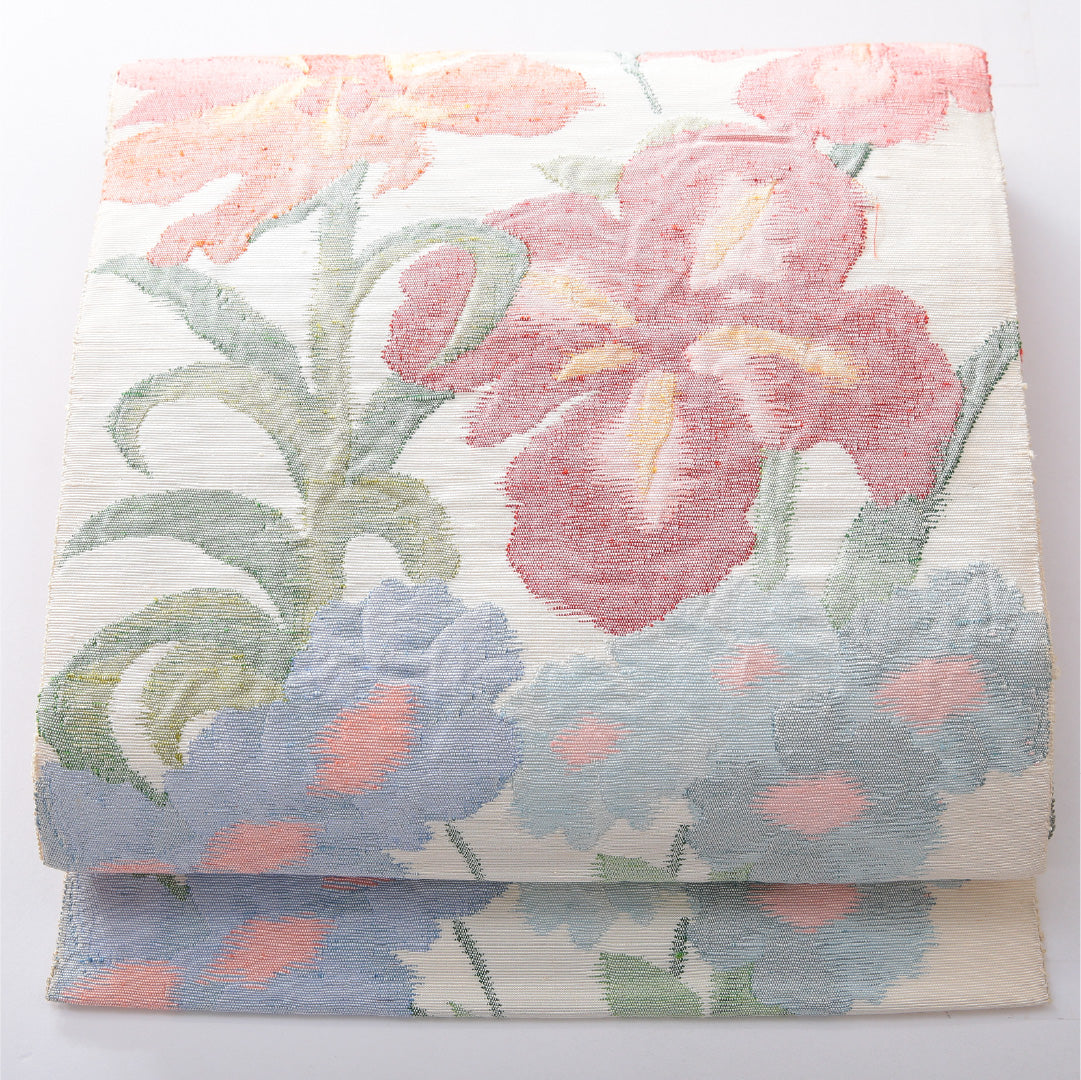 八寸名古屋帯(紬) 帯丈366cm カジュアル 松葉仕立て 六通 Aランク 正絹 花柄 クリーム系 1224-03909