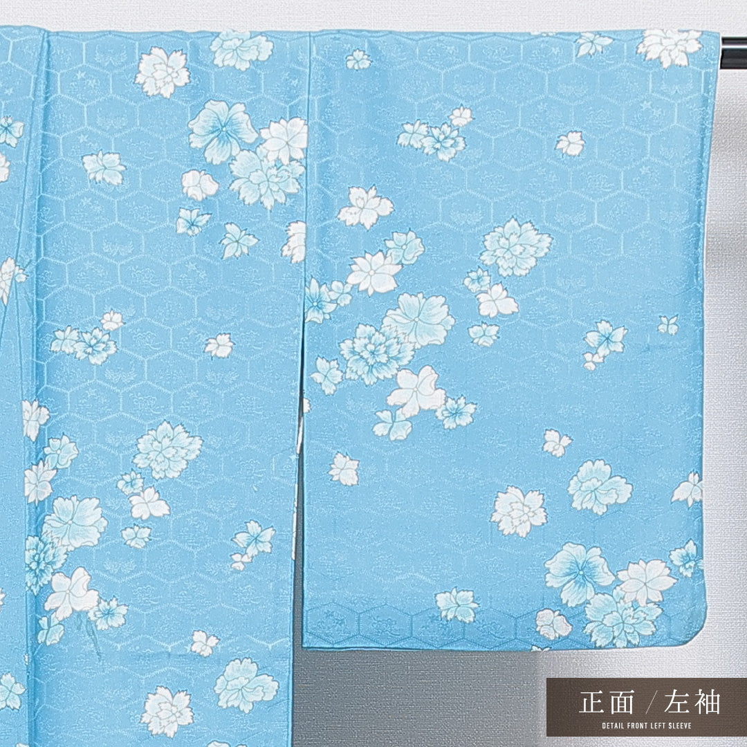 洗える着物 小紋 袷 身丈154cm 裄丈62cm ポリエステル Sランク 紋意匠 (亀甲) インフォーマル 広衿 Sサイズ 花柄 水色系 RP 1221-15955