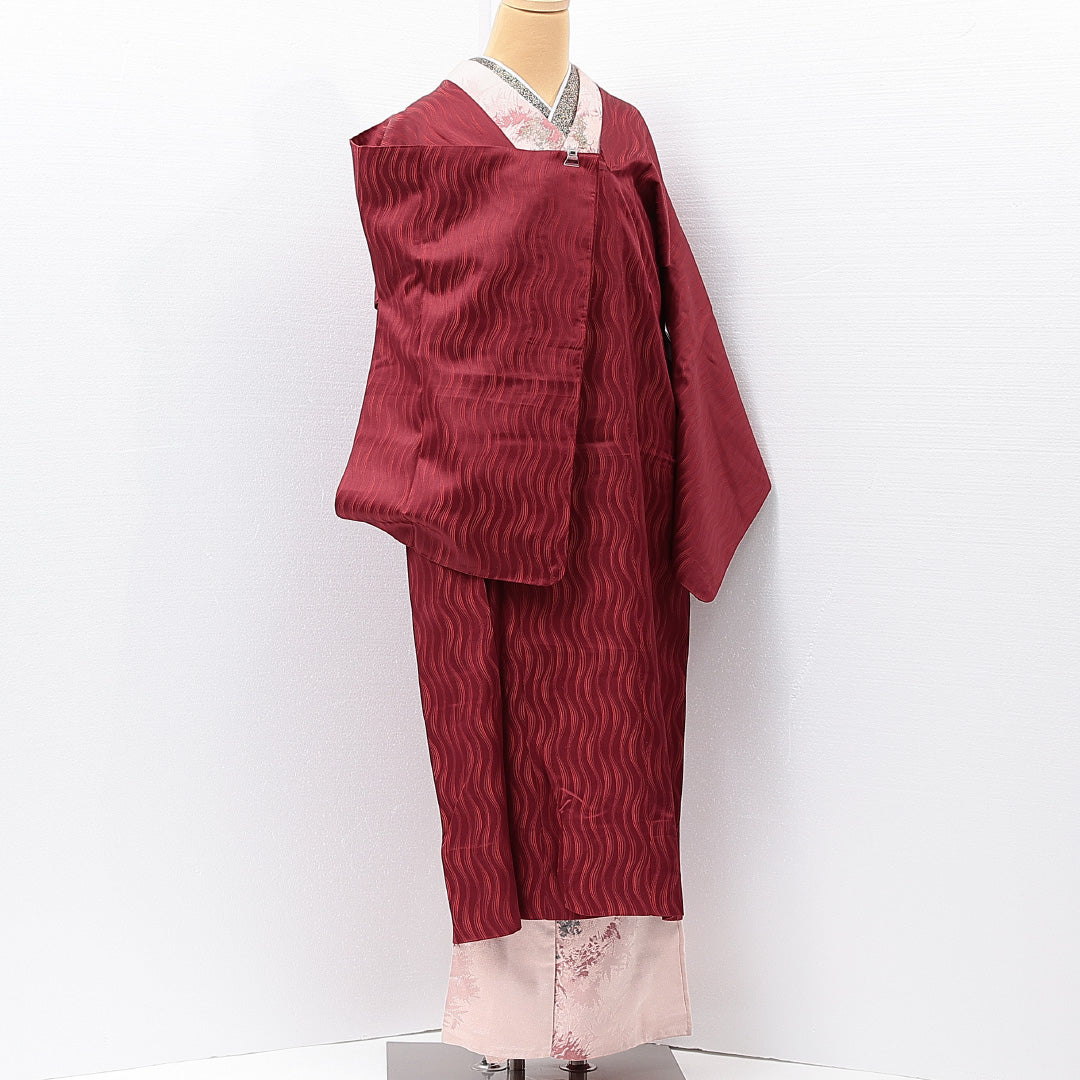 道行コート 単衣 身丈120cm 裄丈64cm 正絹 Sランク セミフォーマル Mサイズ ポケットあり よろけ縞 赤系 RP 1237-15293