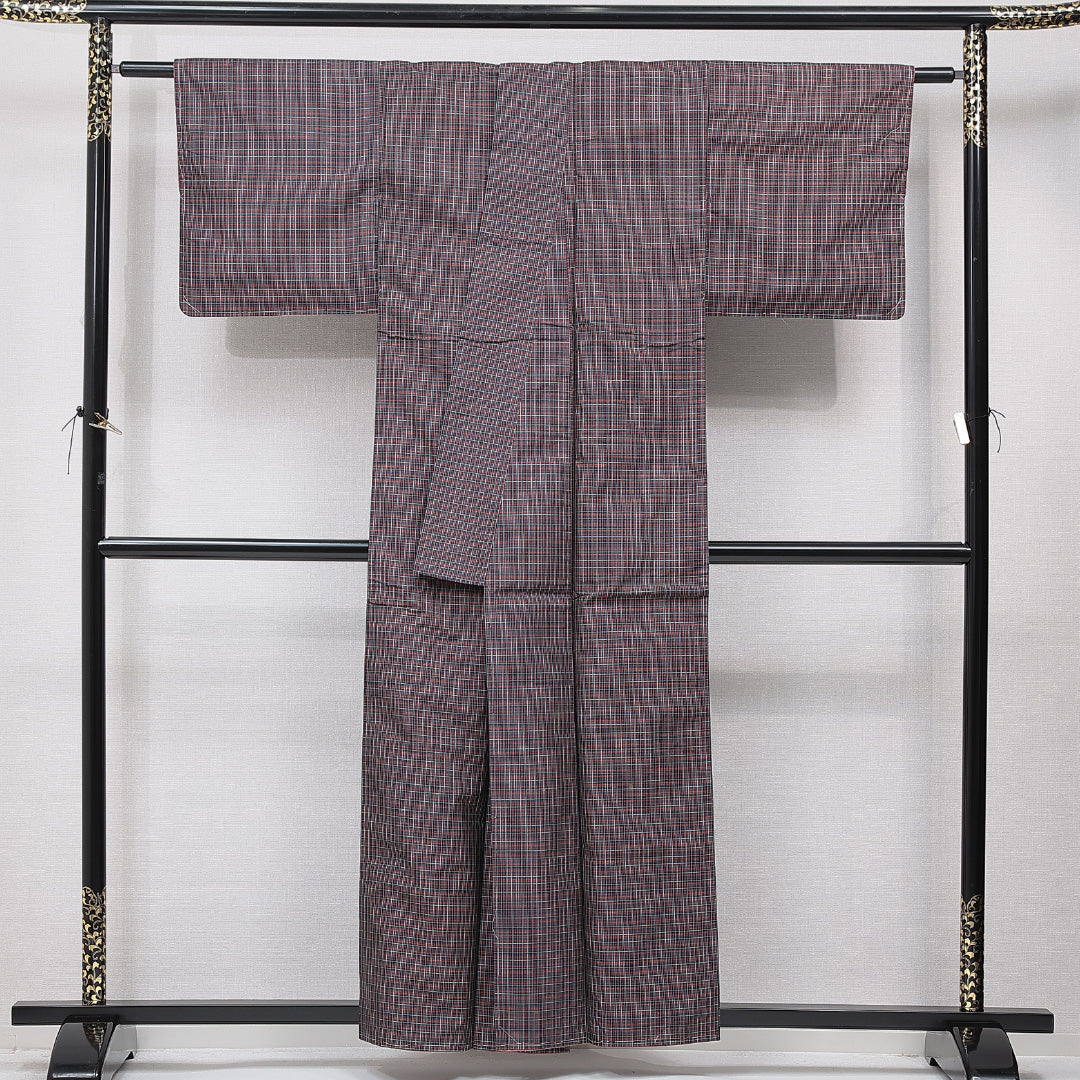 紬(大島紬) 袷 身丈157cm 裄丈62cm 正絹 Cランク Mサイズ 広衿 インフォーマル 格子 多色系 1216-15669