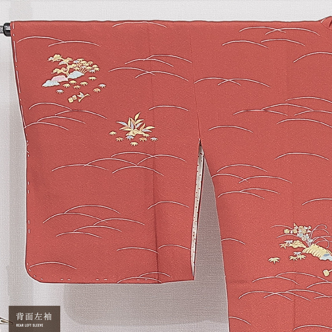 道行コート 袷 身丈87cm 裄丈65cm 正絹 Sランク Mサイズ フォーマル ポケットあり 松 赤系 朱系 1263-15129