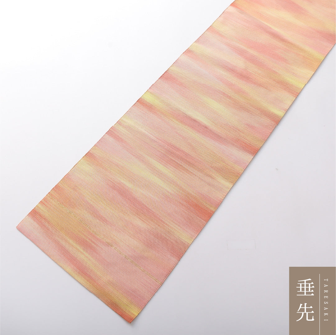 八寸名古屋帯 Sランク 帯丈352cm 正絹 全通 松葉仕立て 織り カジュアル 抽象柄 黄を重ねたようなピンク系 LP 1245-03698