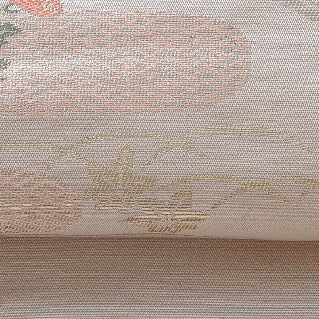 九寸名古屋帯 帯丈350cm セミフォーマル 名古屋仕立て ポイント柄 Cランク 正絹 吉祥文様 菊 ピンク系 1224-03833