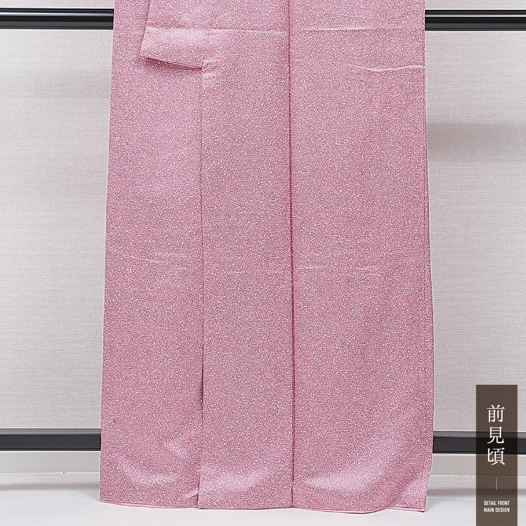 江戸小紋 洗える着物 袷 身丈163cm 裄丈63cm ポリエステル Cランク Lサイズ 広衿 一つ紋(五三桐) セミフォーマル 紋意匠 創作柄 ピンク系 1262-15825