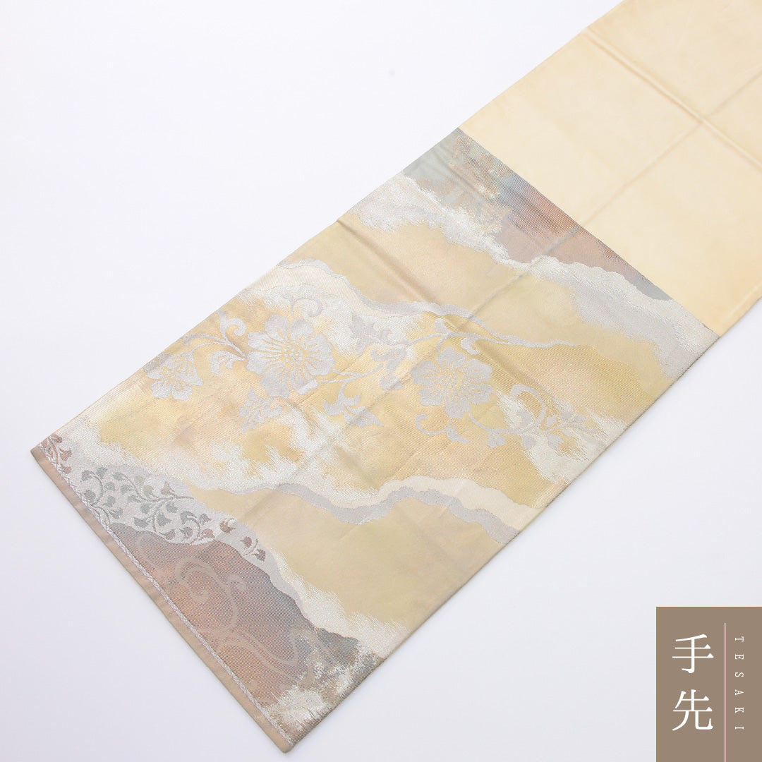 袋帯 帯丈436cm 正絹 六通 セミフォーマル 唐草牡丹 ベージュ系 ピンク系 1243-02251