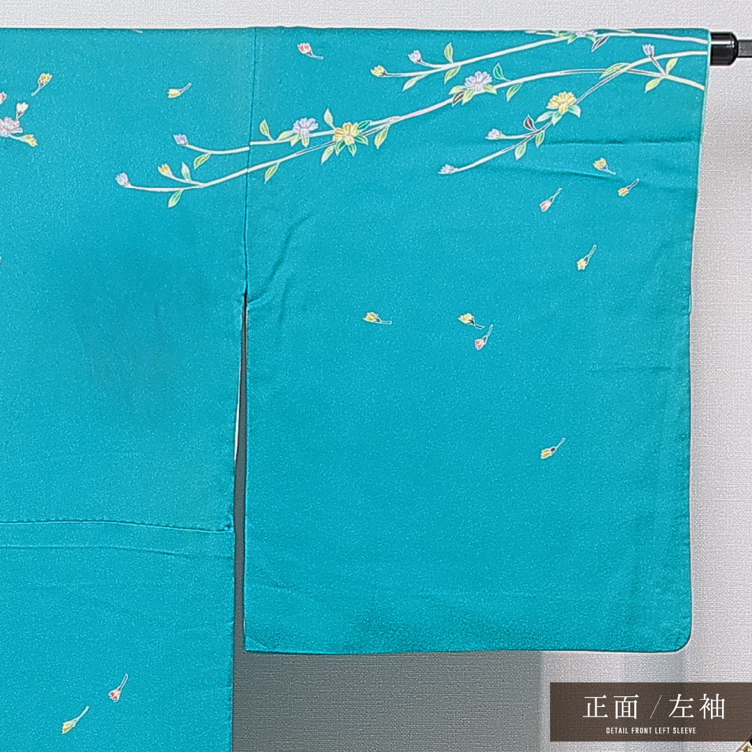 訪問着 洗える着物 袷 身丈163cm 裄丈67cm ポリエステル Cランク Lサイズ 広衿 セミフォーマル 牡丹 青系 緑系 1212-15678