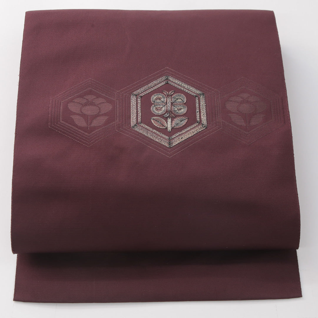 八寸名古屋帯 帯丈355cm インフォーマル 名古屋仕立て ポイント柄 Aランク 正絹 金駒刺繍 銀駒刺繍 亀甲 椿 紫系 1224-04185