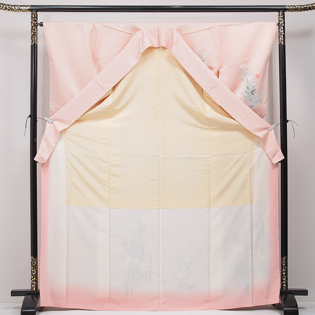 未使用品 訪問着 袷 身丈172cm 裄丈64cm 正絹 Nランク セミフォーマル 広衿 2XLサイズ 牡丹 可憐 落ち着き ピンク系 M4 1217-15358