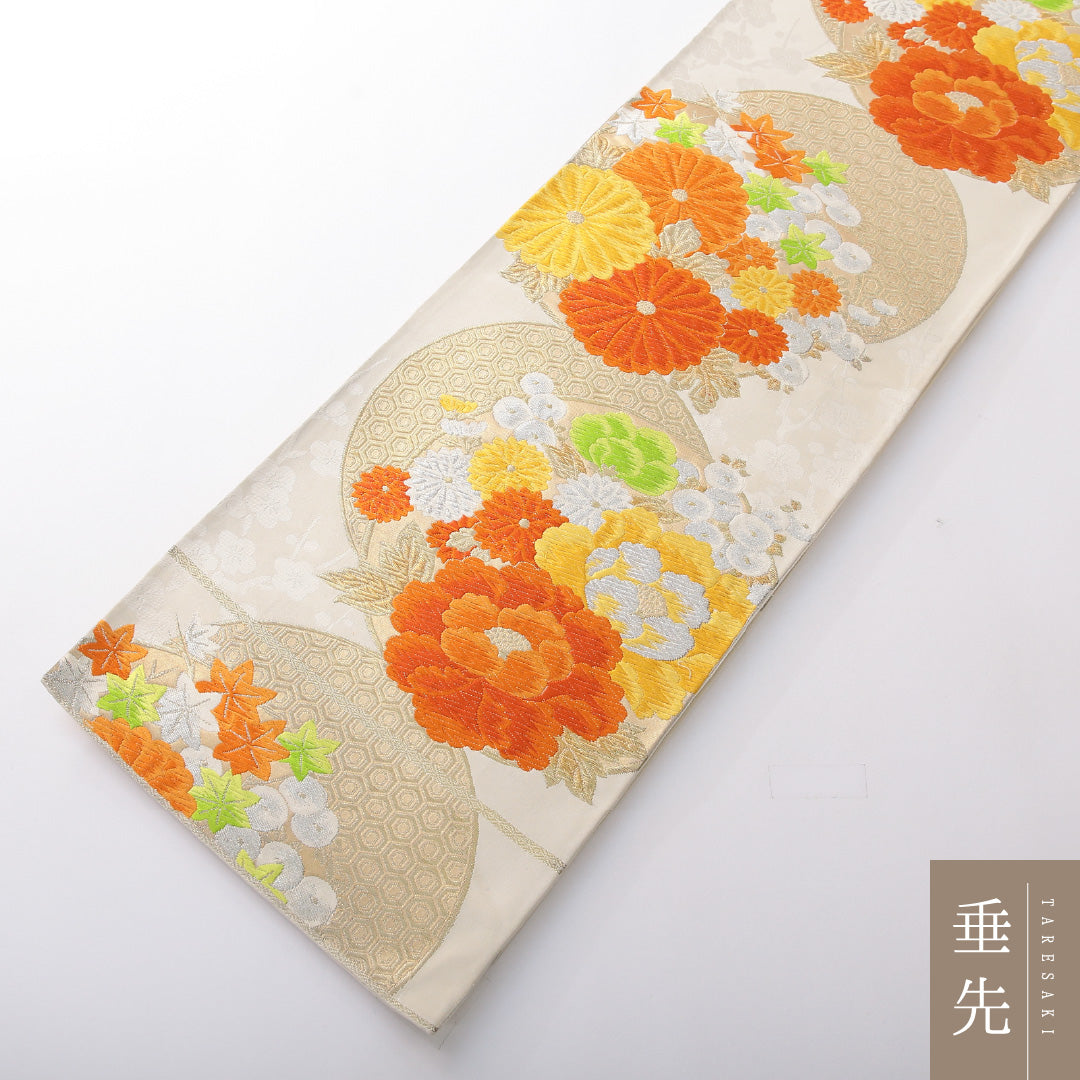 袋帯 帯丈416cm 正絹 六通 フォーマル 亀甲 牡丹 吉祥文様 クリーム系 1243-02095
