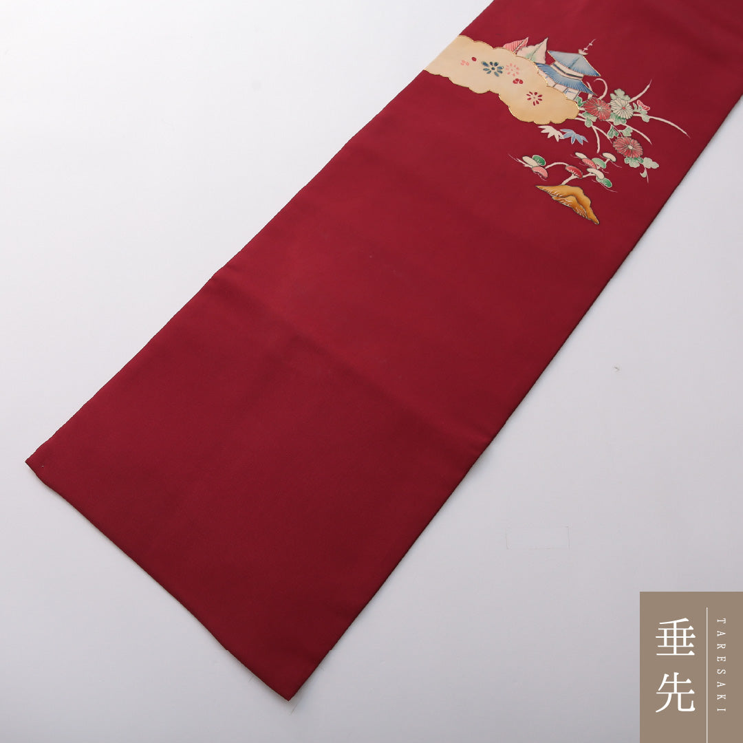 九寸名古屋帯 Cランク 帯丈358cm 正絹 ポイント柄 名古屋仕立て 染め セミフォーマル 塩瀬 楼閣 四季山野 紫の混ざった赤系 HP 1245-03373