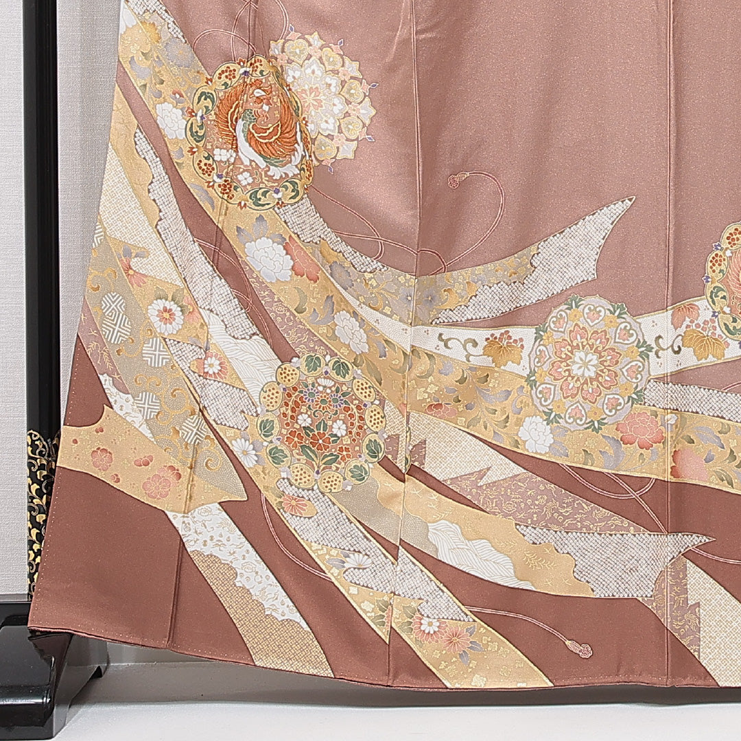 色留袖 袷 身丈163cm 裄丈65cm 三つ紋 藤輪に剣片喰 フォーマル Sランク Lサイズ 正絹 比翼仕立て 広衿 鳳凰 牡丹 1211-F0725