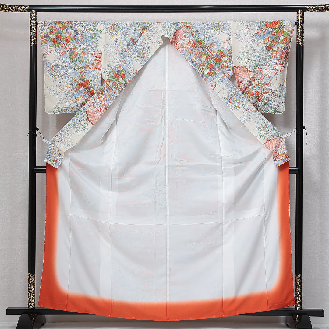未使用品 小紋 袷 身丈160cm 裄丈64cm 正絹 Nランク インフォーマル 広衿 Lサイズ 花車 山水 白系 RP 1221-15014