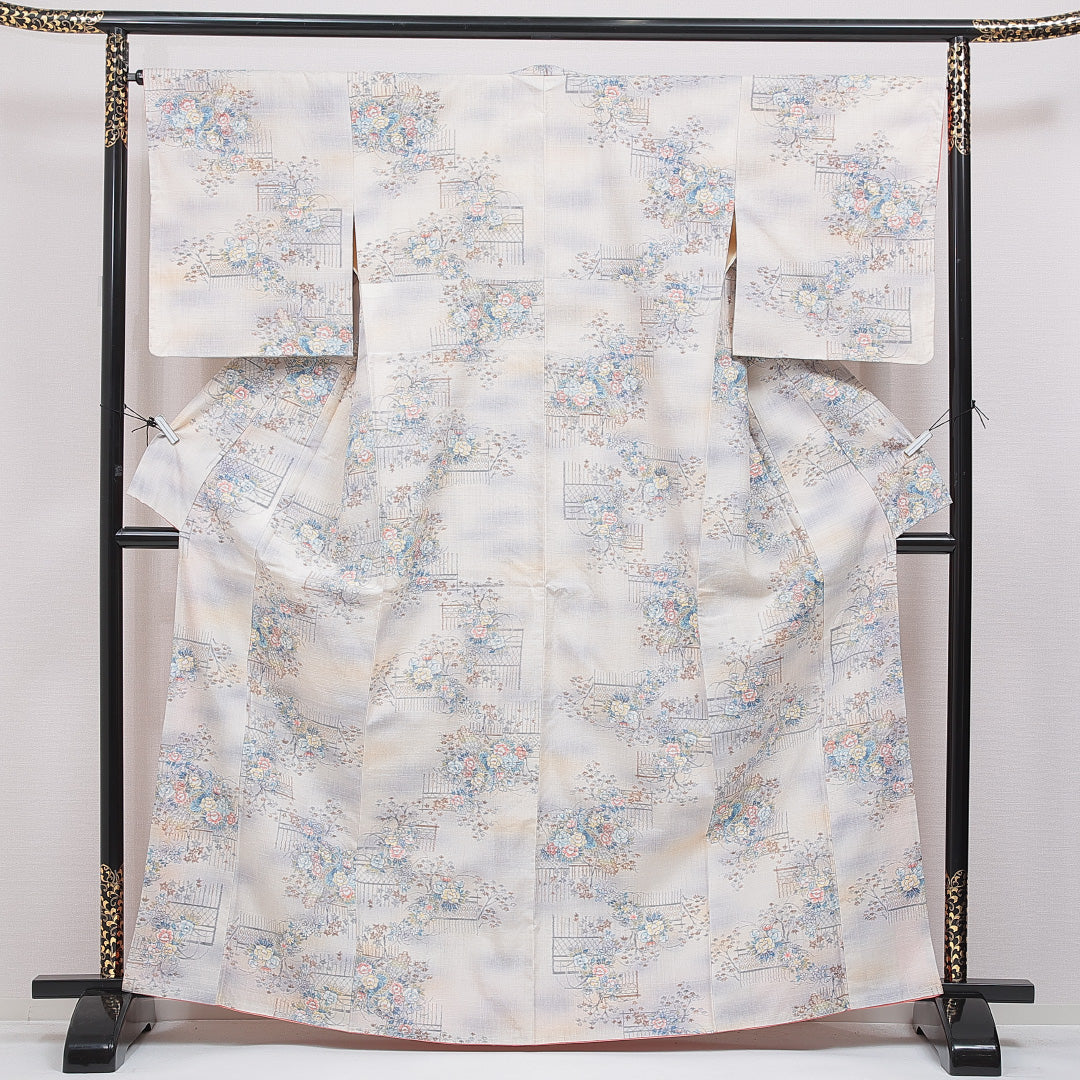 紬 袷 身丈164cm 裄丈66cm 正絹 Aランク Lサイズ 広衿 カジュアル 牡丹 クリーム系 1216-16662