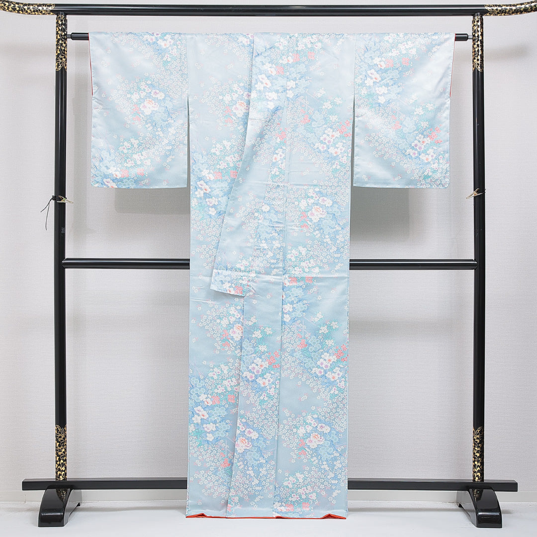 小紋 洗える着物 袷 身丈164cm 裄丈65cm ポリエステル Cランク Lサイズ 広衿 インフォーマル 花柄 水色系 1215-16255