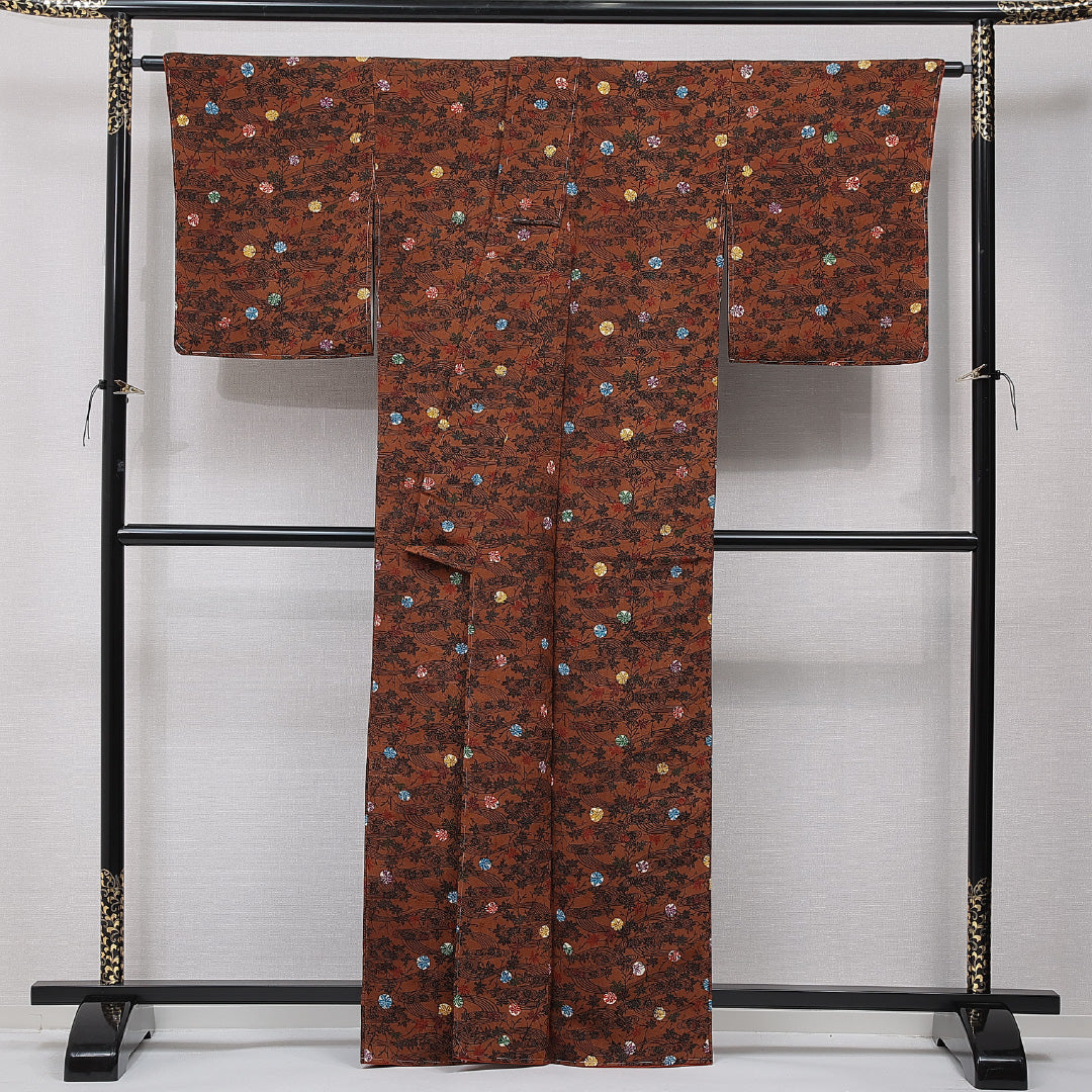 小紋 袷 身丈162cm 裄丈66cm 正絹 Sランク インフォーマル 広衿 Lサイズ しつけ糸 流水 紅葉 茶系 RP 1221-15468