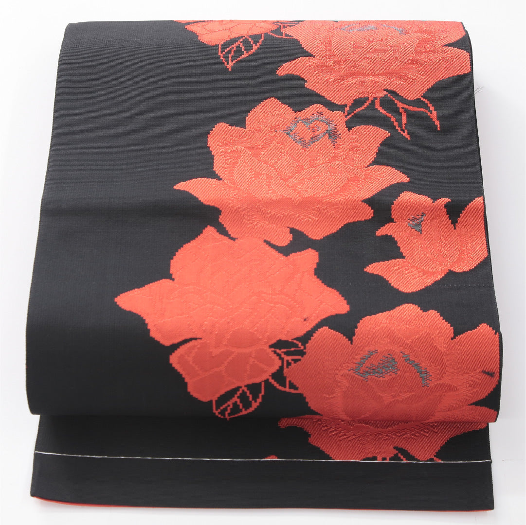 八寸名古屋帯 帯丈388cm カジュアル 開き仕立て 全通 Sランク 正絹 綴れ織 薔薇 黒系 1224-04184