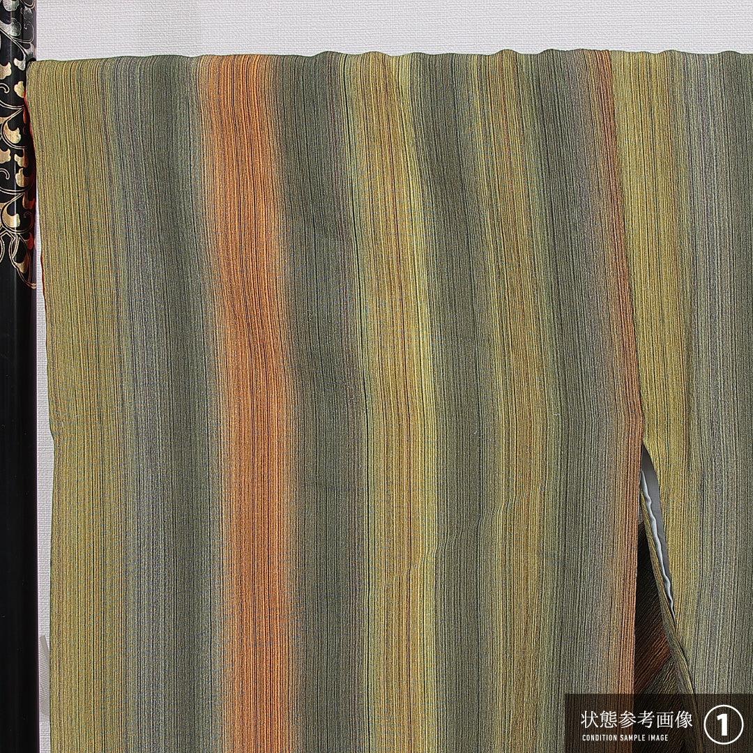 洗える着物 小紋 袷 身丈171cm 裄丈68cm ポリエステル Aランク インフォーマル 広衿 2XLサイズ 縞 緑系 RP 1221-16358