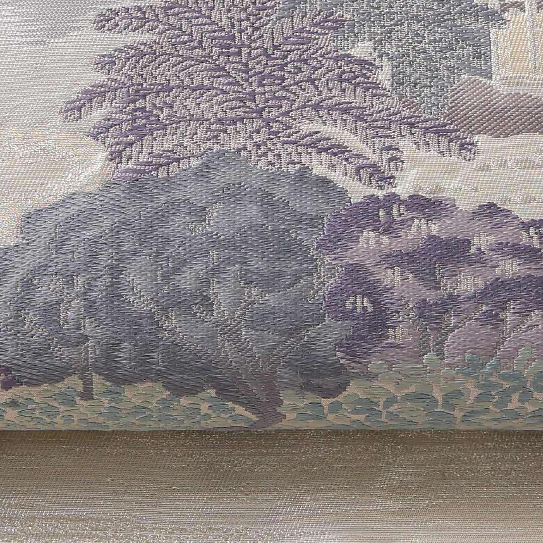 袋帯 帯丈428cm 正絹 六通 セミフォーマル 長崎 船 風景柄 白系 銀系 1243-01854