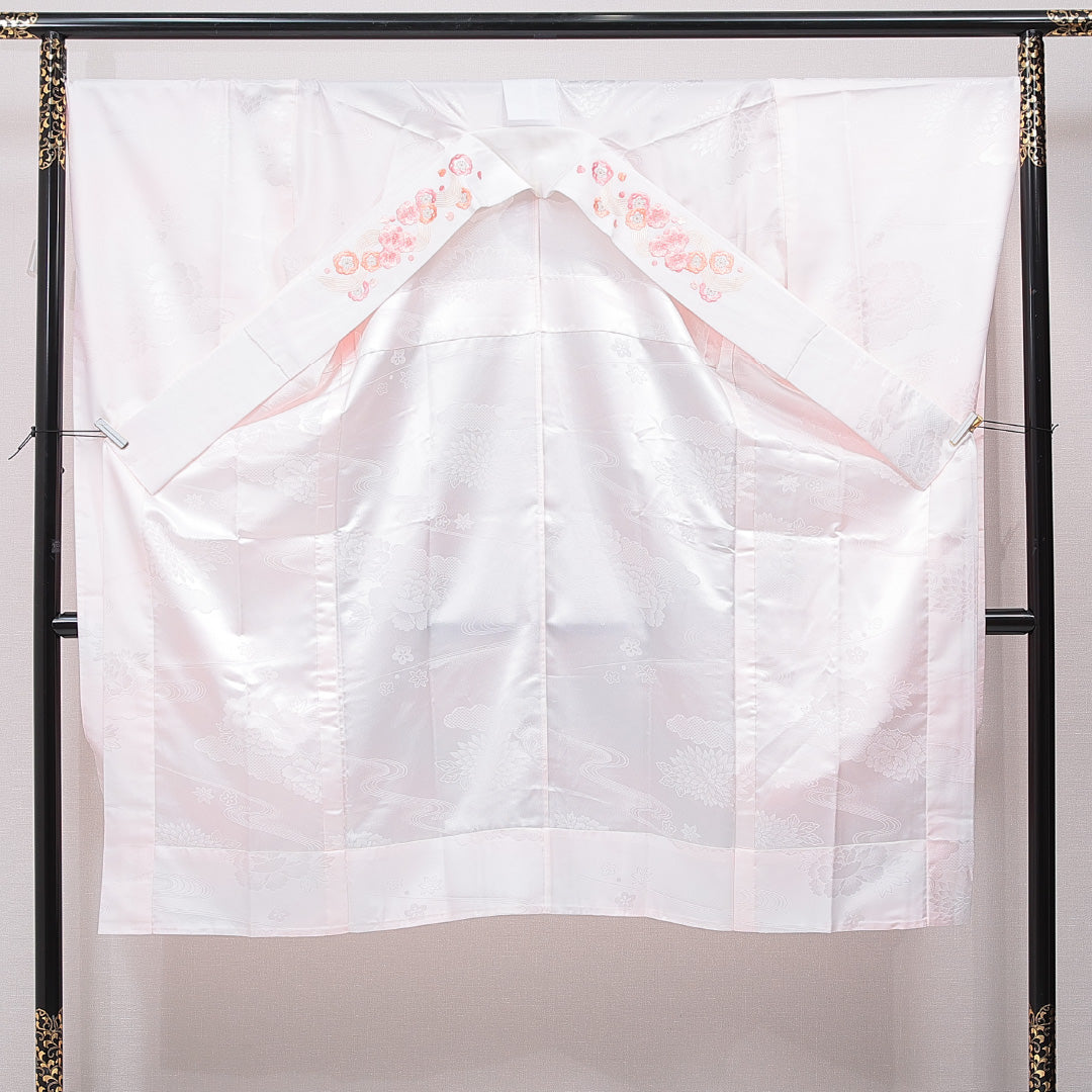 振袖用 長襦袢 無双袖 身丈127cm 裄丈70cm 正絹 Sランク Mサイズ 牡丹 ピンク系 RP 1240-15384