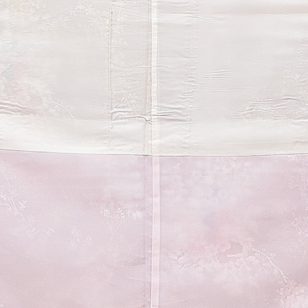 お召 袷 身丈152cm 裄丈63cm 正絹 Cランク Sサイズ 広衿 インフォーマル 牡丹 白系 金系 1265-15742