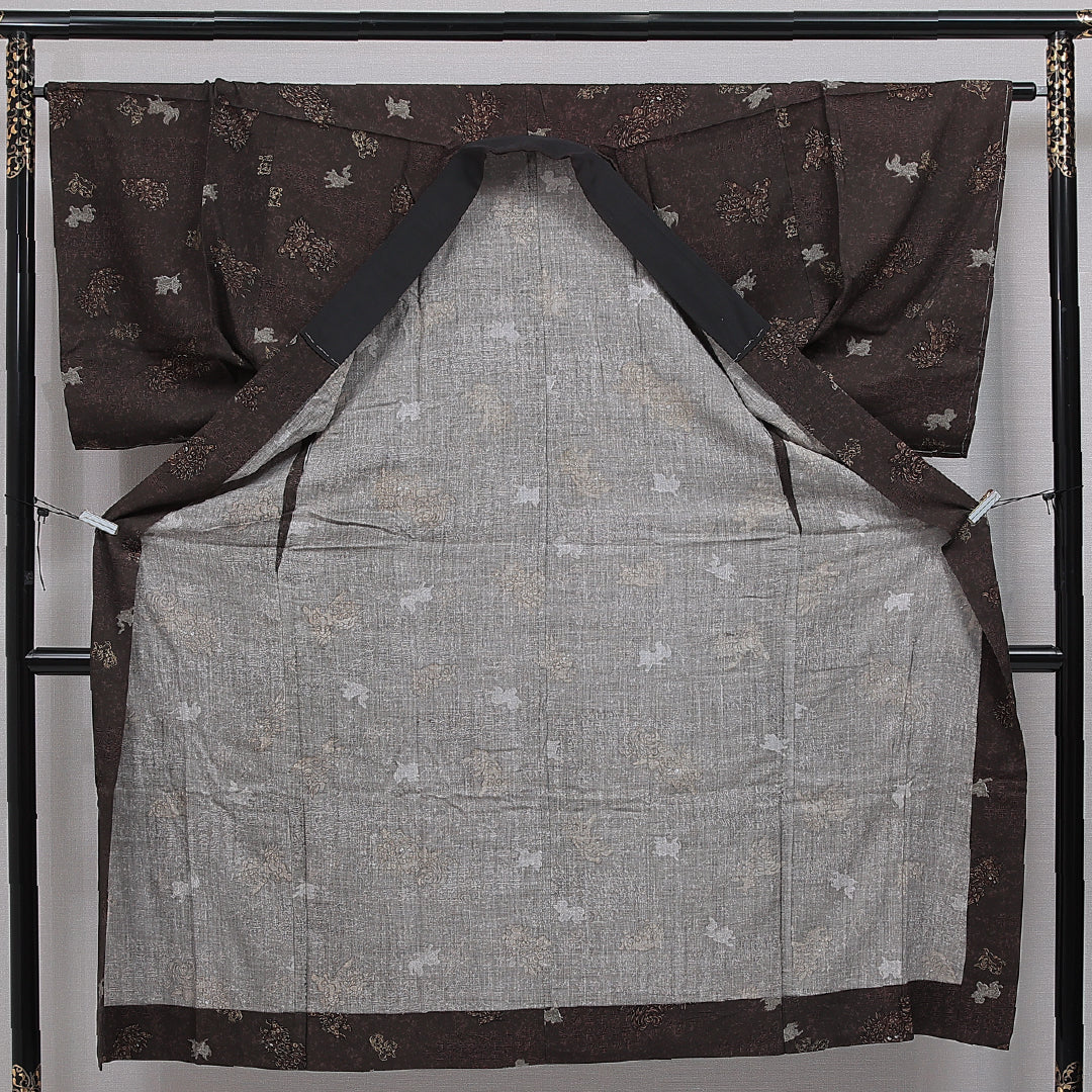長襦袢 男性用 単衣 身丈142cm 裄丈66cm 正絹 Sランク Lサイズ 唐獅子 茶系 RP 1241-16502