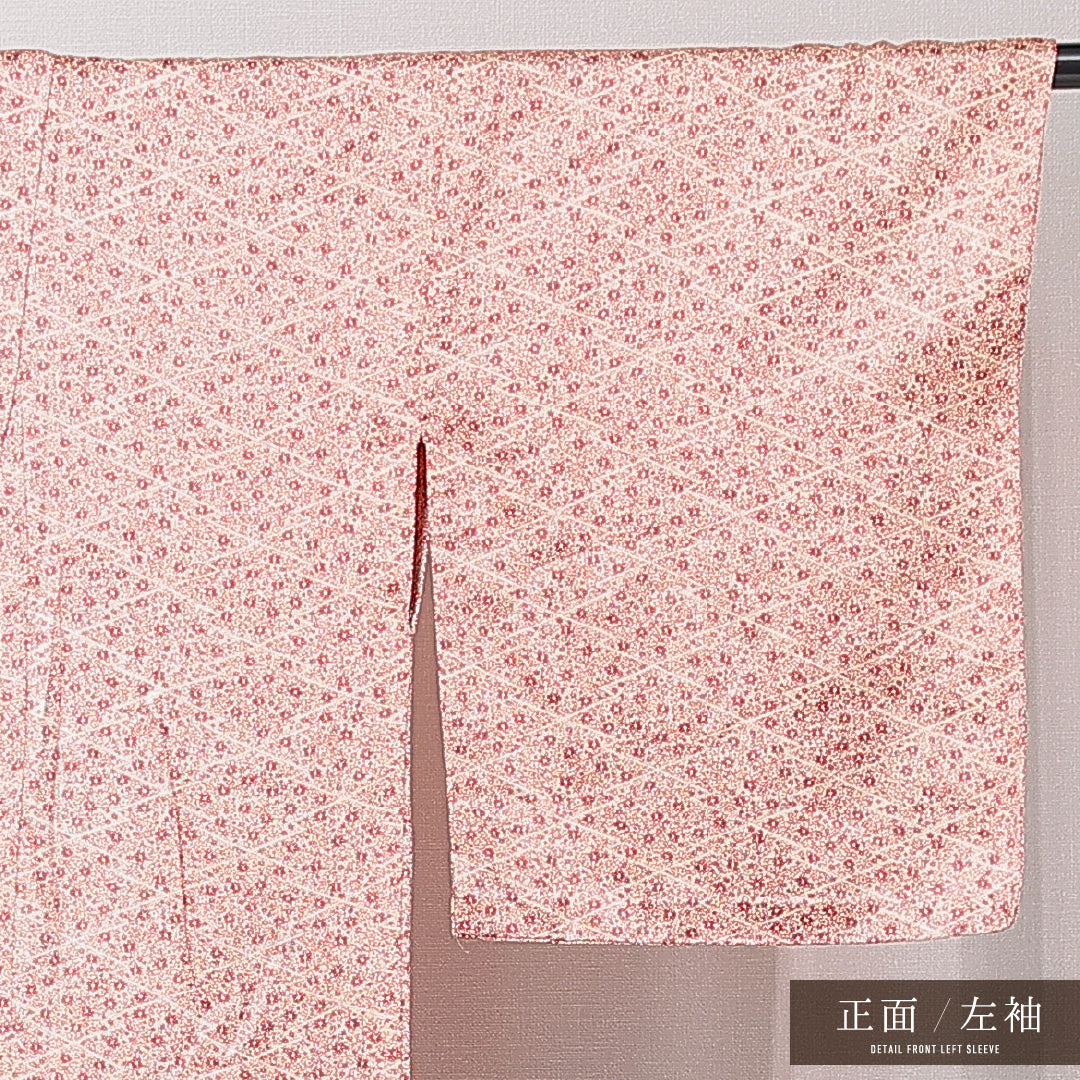小紋 単衣 身丈152cm 裄丈63cm 正絹 Sランク インフォーマル 広衿 Sサイズ 居敷当て 肩当て 花柄 ピンク系 RP 1221-15220