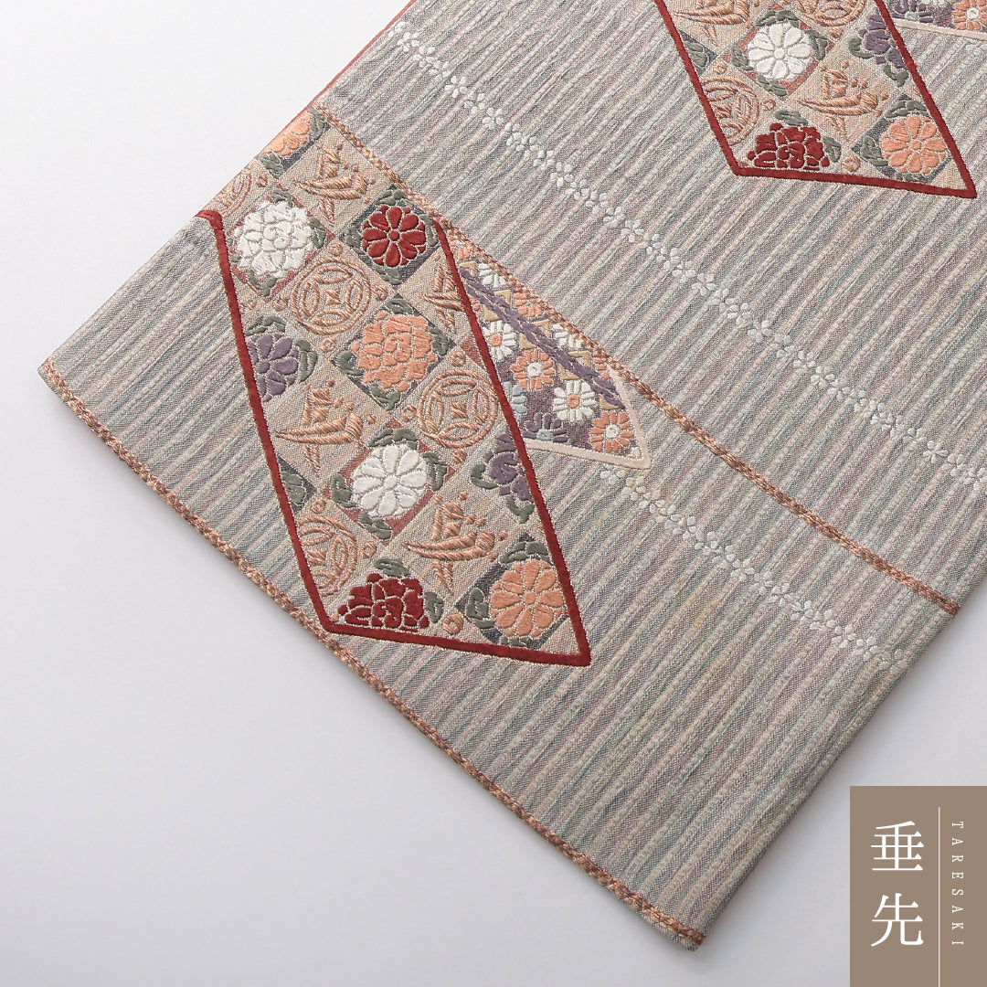 袋帯 帯丈432cm 正絹 六通 フォーマル ふくれ織 色紙重ね 吉祥文様 緑系 1243-02115