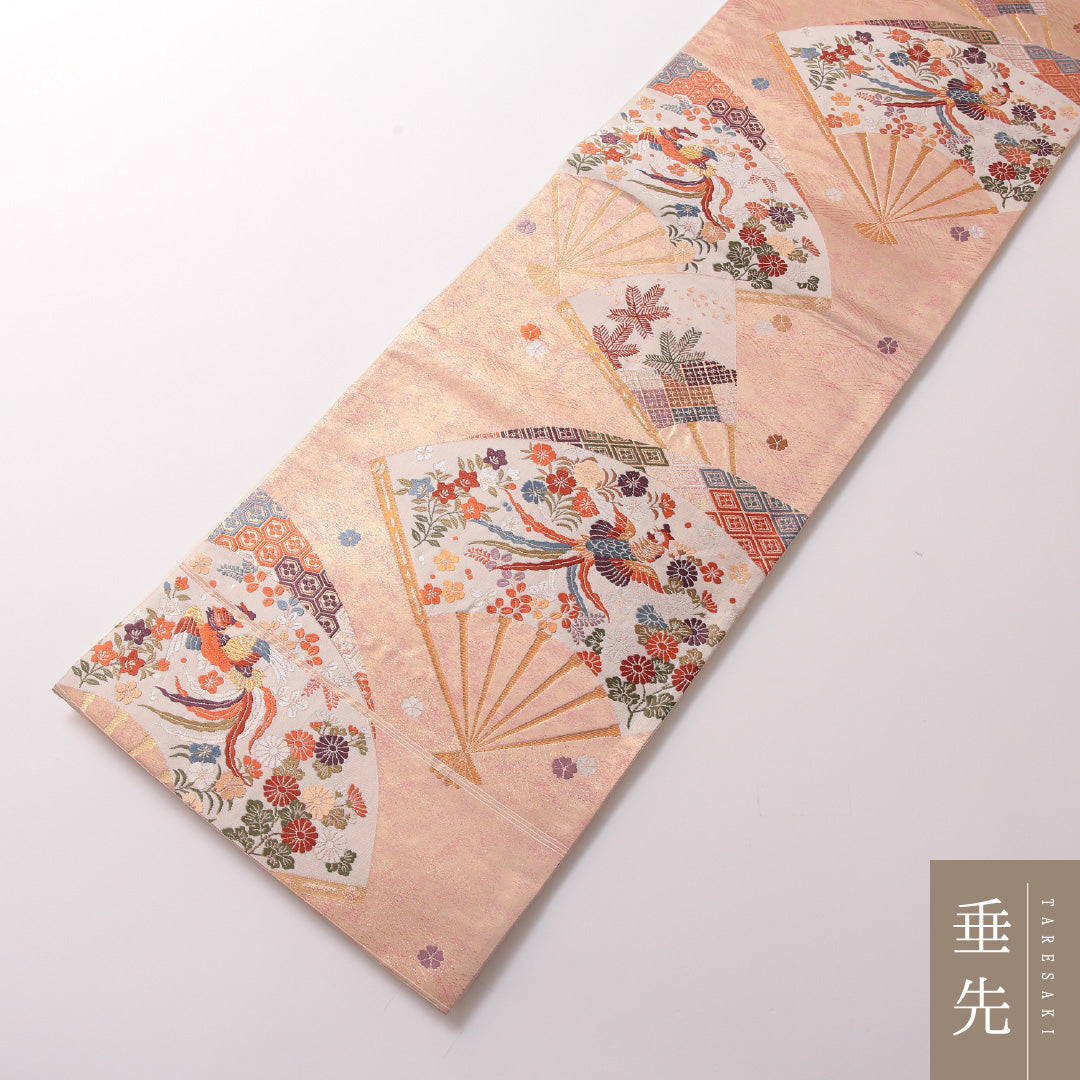 袋帯 帯丈424cm 正絹 六通 フォーマル 扇面文 鳳凰 金系 ピンク系 1243-01794