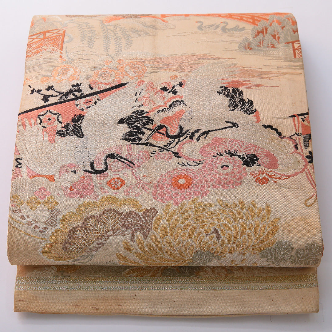 アンティーク 丸帯 帯丈380cm 全通 Cランク 正絹 鶴 菊 クリーム系 1223-02026