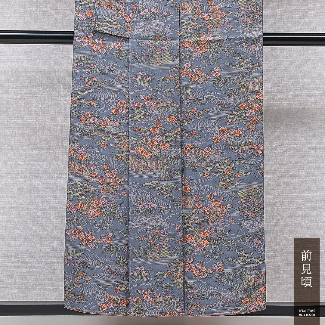 洗える着物 小紋 袷 身丈152cm 裄丈60cm ポリエステル Sランク インフォーマル 広衿 Sサイズ 菊 笹 グレー系 RP 1221-15689