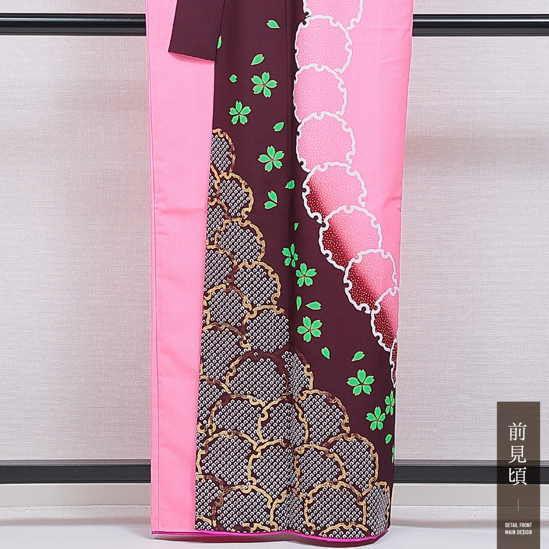 付下げ 洗える着物 単衣 身丈161cm 裄丈68cm ポリエステル Aランク Lサイズ バチ衿 インフォーマル 雪輪 桜 ピンク系 1261-16283