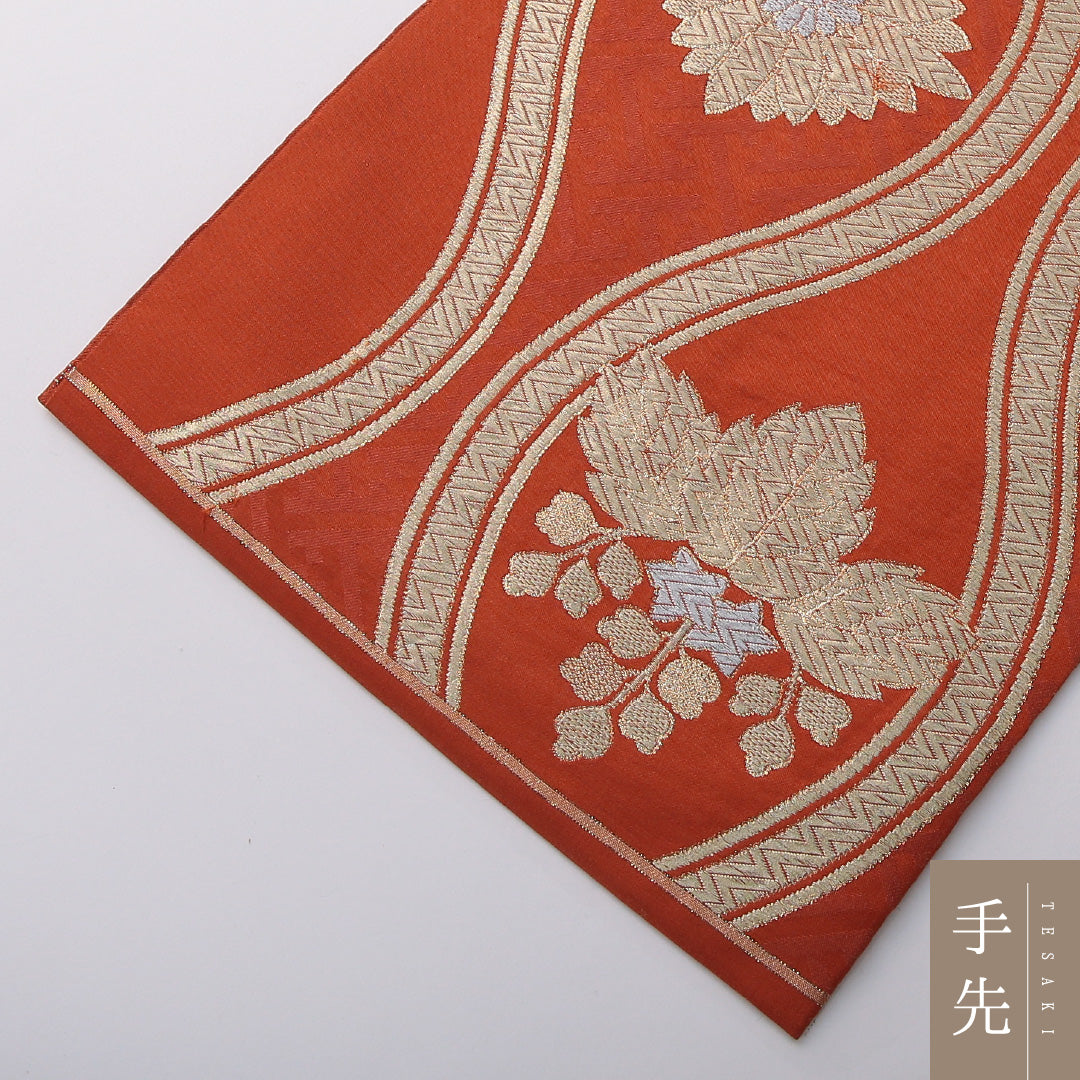 袋帯 帯丈408cm 正絹 六通 帯芯なし フォーマル 立涌 桐 吉祥文様 朱系 1243-02006