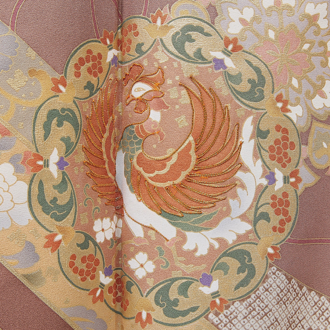 色留袖 袷 身丈163cm 裄丈65cm 三つ紋 藤輪に剣片喰 フォーマル Sランク Lサイズ 正絹 比翼仕立て 広衿 鳳凰 牡丹 1211-F0725