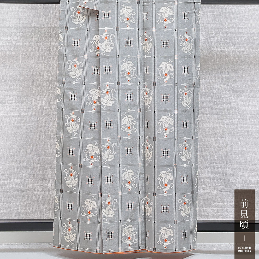 アンサンブル 紬 袷 身丈159cm 裄丈64cm 正絹 Aランク カジュアル バチ衿 Mサイズ 創作柄 グレー系 RP 1223-15935