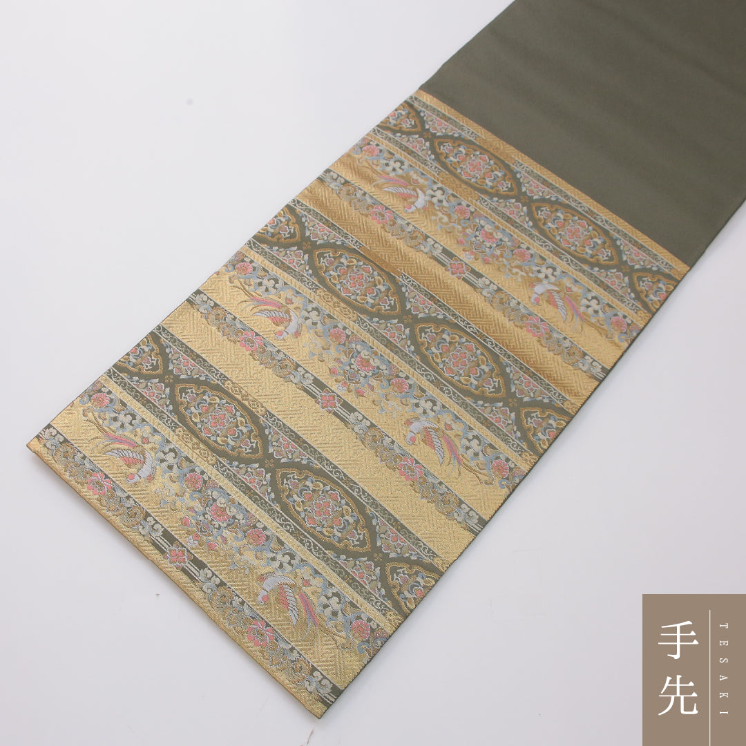 袋帯 帯丈438cm フォーマル 六通 Sランク 正絹 花喰鳥 鏡裏文 緑系 1223-02326