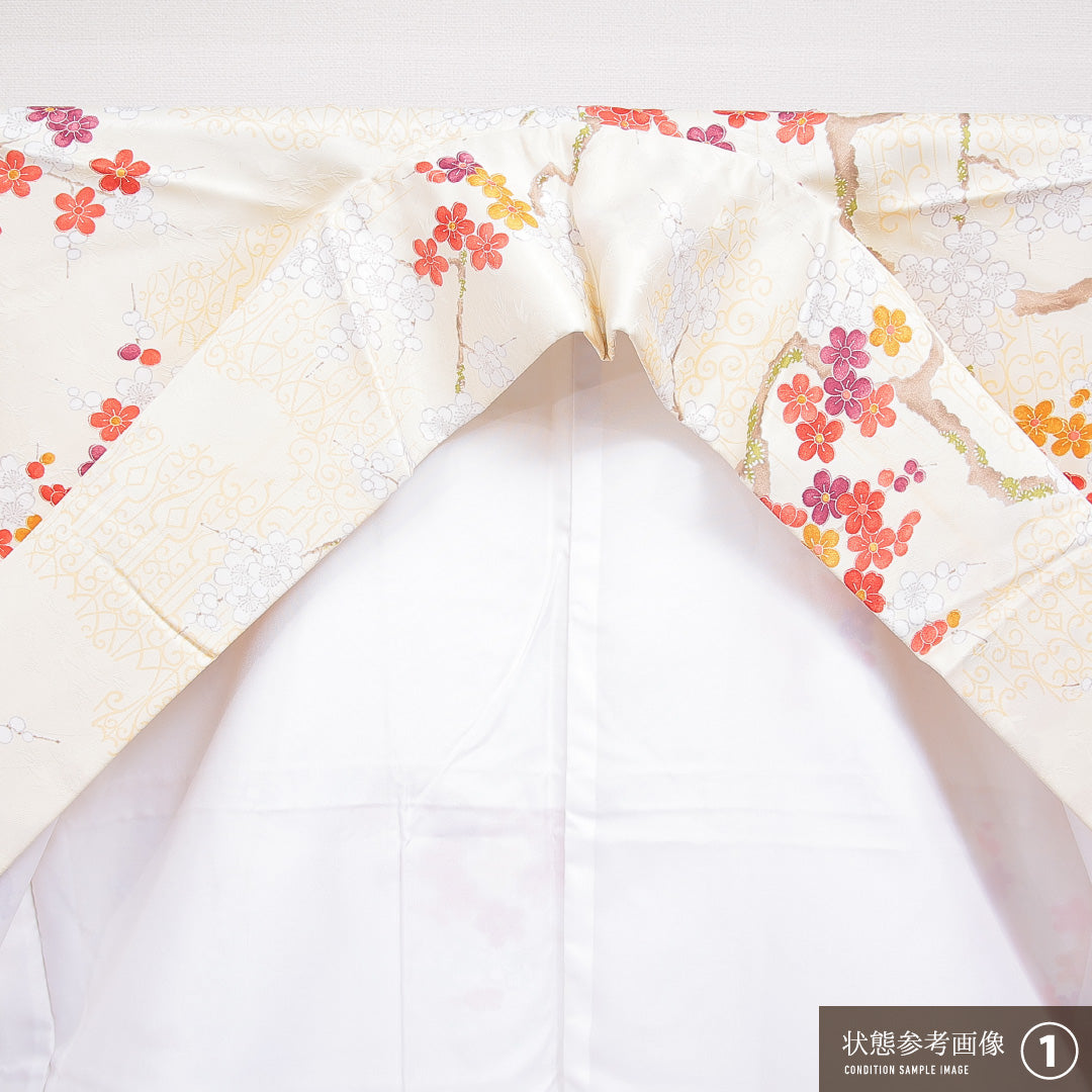 洗える着物 小紋 袷 身丈153cm 裄丈64cm ポリエステル Sランク インフォーマル 広衿 Sサイズ 梅 クリーム系 RP 1221-16384