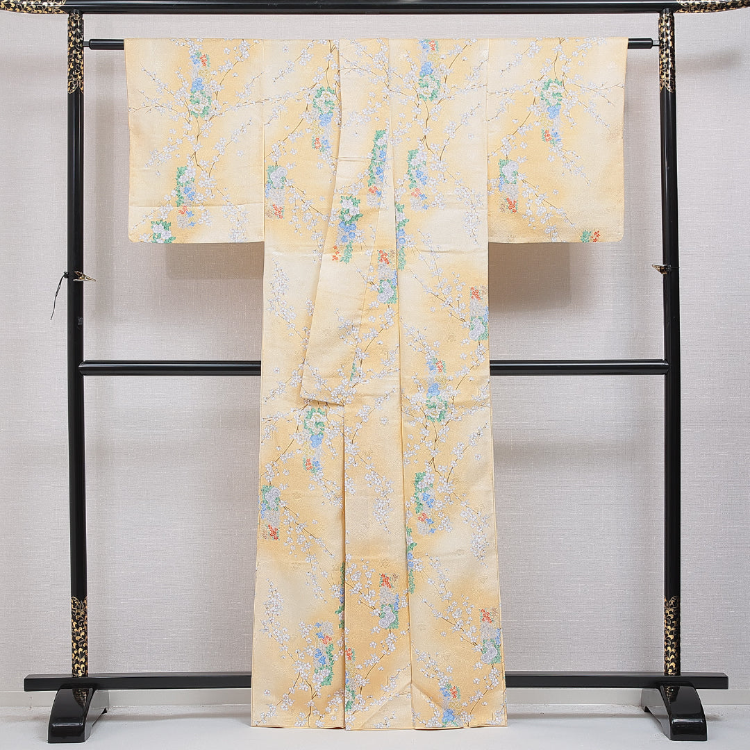 洗える着物 小紋 袷 身丈163cm 裄丈64cm ポリエステル Sランク インフォーマル 広衿 Lサイズ 牡丹 桜 黄系 RP 1221-16327