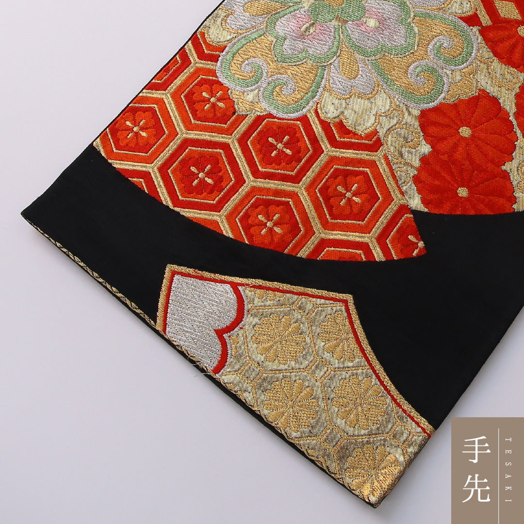 袋帯 帯丈400cm 正絹 六通 フォーマル 扇面文 宝相華 吉祥文様 黒系 金系 1243-01949