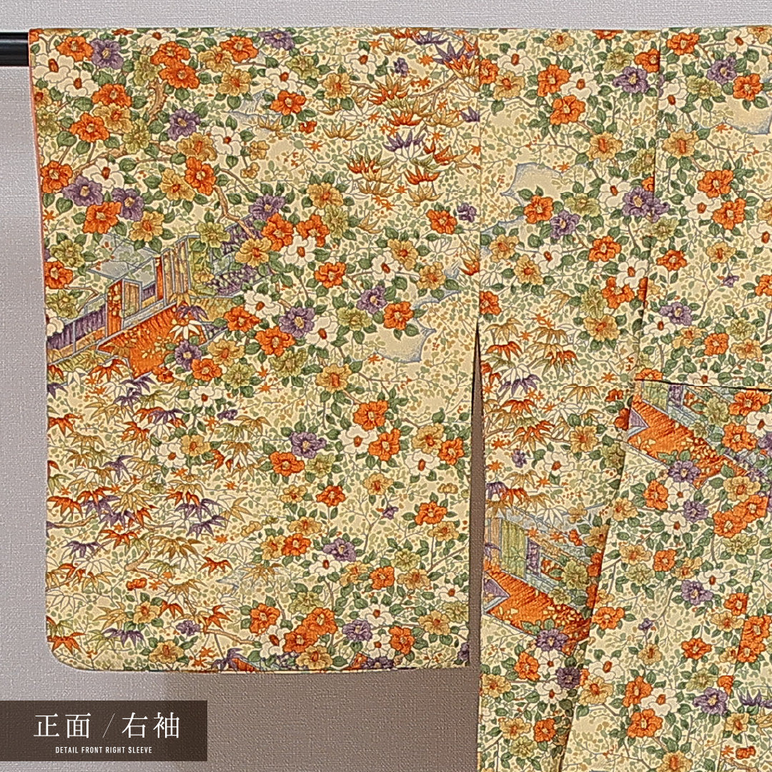 洗える着物 小紋 袷 身丈160cm 裄丈64cm ポリエステル Sランク インフォーマル 広衿 Lサイズ 茶屋辻 クリーム系 RP 1221-16357