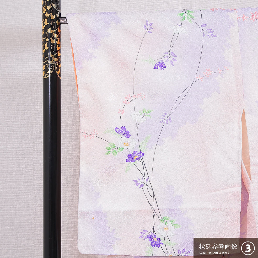 洗える着物 小紋 袷 身丈158cm 裄丈66cm ポリエステル Bランク インフォーマル 広衿 Mサイズ 花柄 ピンク系 HP 1221-16325