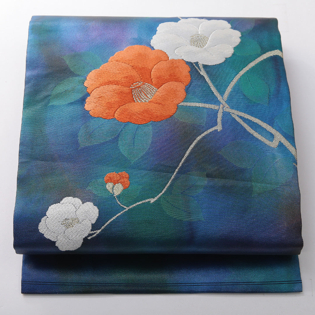 未使用品 九寸名古屋帯 帯丈361cm インフォーマル 名古屋仕立て ポイント柄 Sランク 正絹 綴れ織 椿 紺系 青系 1224-03818