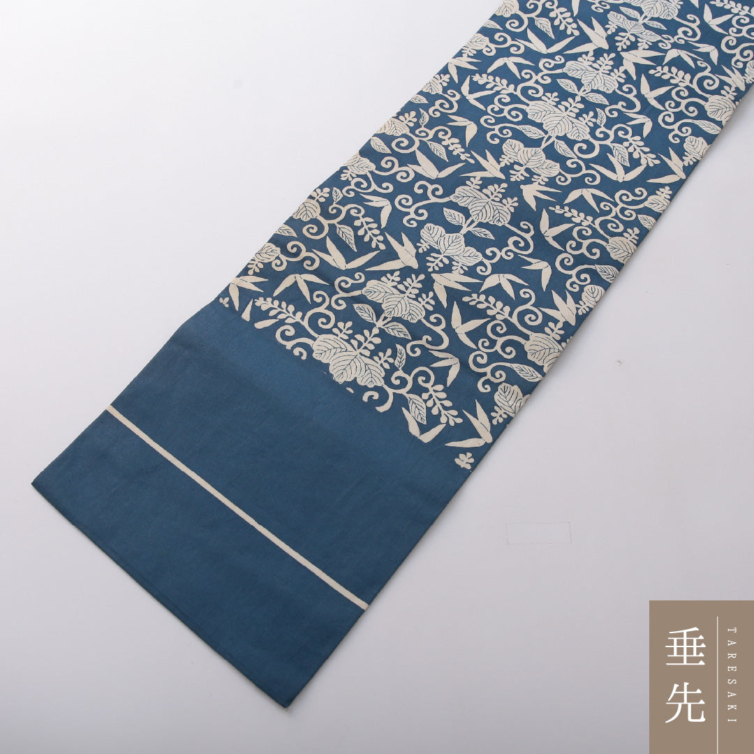 アンティーク 九寸名古屋帯(紬) 帯丈342cm カジュアル 名古屋仕立て 全通 Bランク 正絹 染め帯 桐 白系 青系 1224-03699