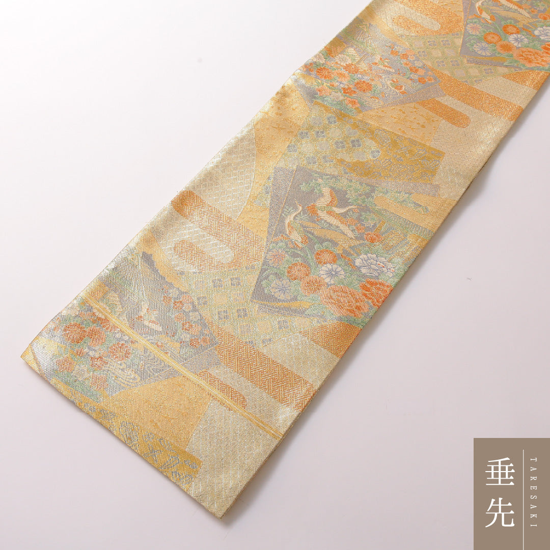 袋帯 帯丈416cm ポリエステル 六通 フォーマル 裂取り 吉祥文様 金系 1243-01782