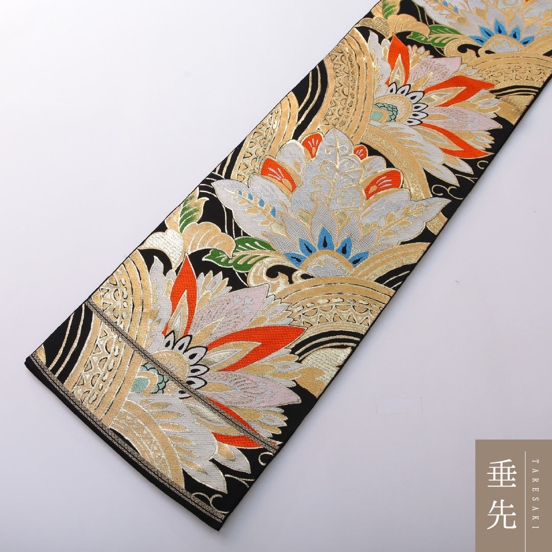 アンティーク 袋帯 帯丈412cm 六通 Aランク 正絹 植物柄 黒系 1223-01997