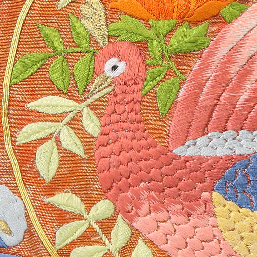 袋帯 帯丈424cm 正絹 ポイント柄 帯芯なし フォーマル 孔雀 鏡裏文 朱系 1243-02212